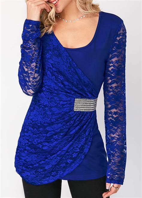 Long Sleeve Lace Panel Royal Blue Blouse On Sale Only Us 32 06 Now Buy