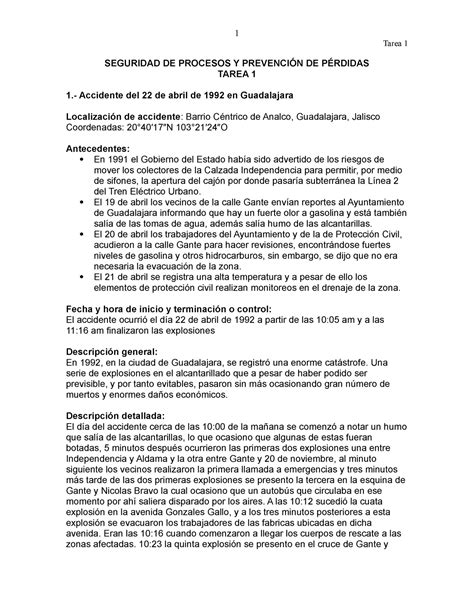 Seguridad De Procesos Y Prevención De Pérdidas Tarea 1 Tarea 1