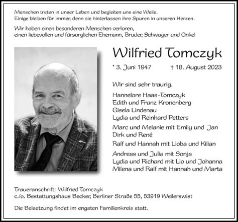 Traueranzeigen Von Wilfried Tomczyk Wirtrauern