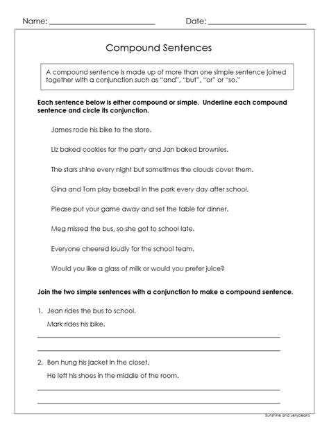 Compound Sentences And Conjunctions 4 Worksheets Grades 1 2 Ccss