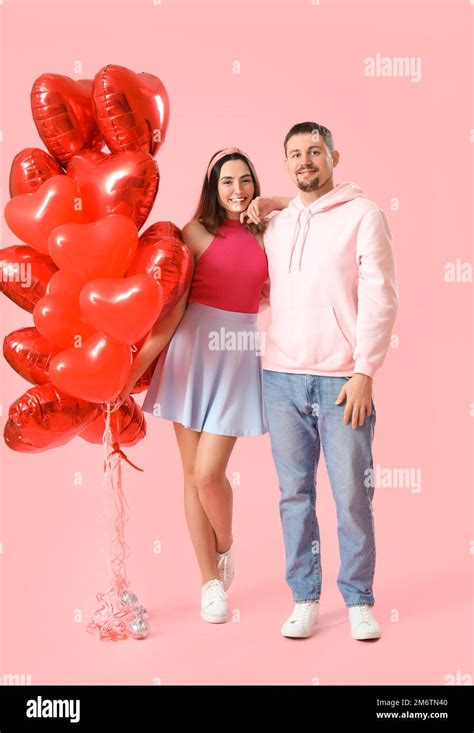 Happy Couple In Love With Balloons On Pink Background Valentines Day