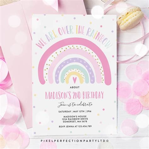 Editable Rainbow Birthday Invitation Pink Rainbow Party Invitation