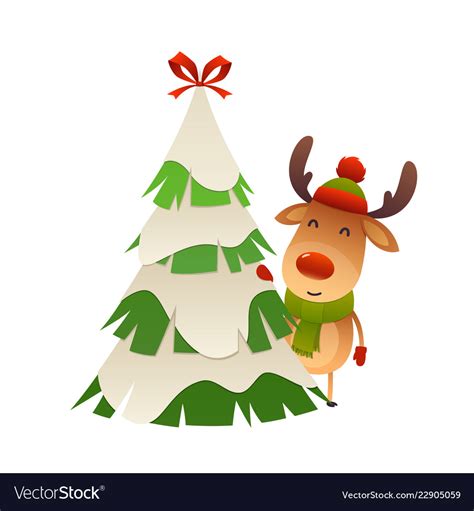 Cute cartoon reindeer behind christmas tree Vector Image