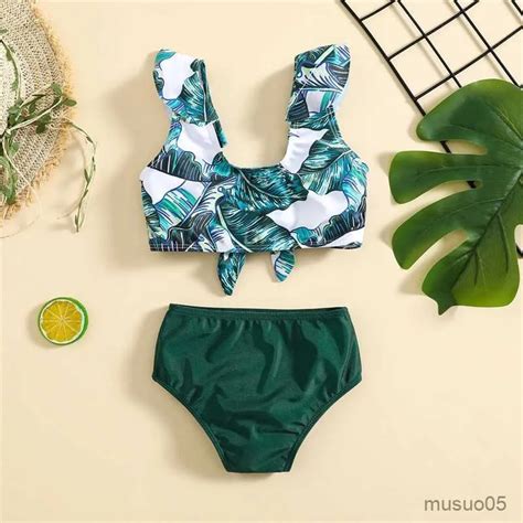 Girls Plants Print Two Piece Swimsuit Set Back With Fly Sleeves