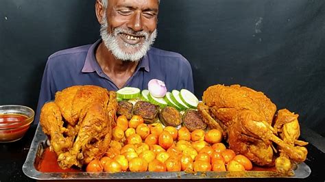 Eating Spicy Two Whole Chikhen Curry Quail Egg Curry Brinjal Fry With