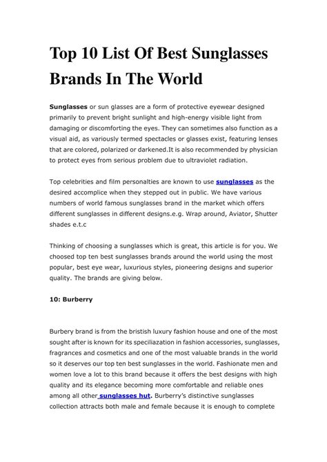 Ppt Top 10 List Of Best Sunglasses Brands In The World Powerpoint