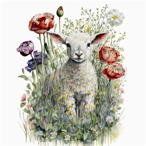 Spring Lamb With Flowers And Watercolor Drips Stock Illustration