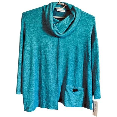 Jess And Jane Teal Sweater Cowl Tunic Top Teal Pullover With Pocket Usa