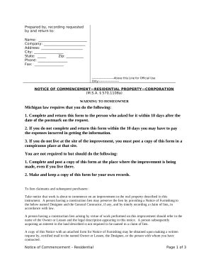 Notice Commencement Michigan Doc Template PdfFiller