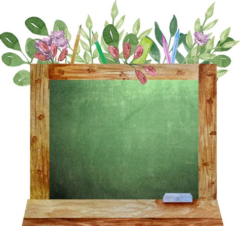 Watercolor green school blackboard in wooden frame with flowers and ...