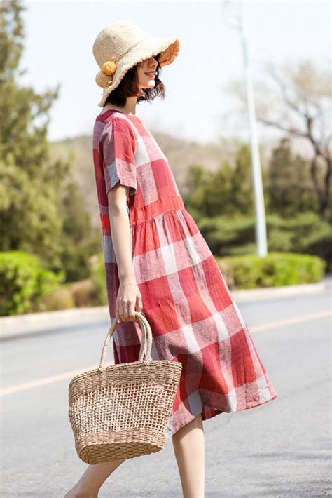 Classical Big Plaid Dress Empire Waist Summer Cotton Linen Dress In