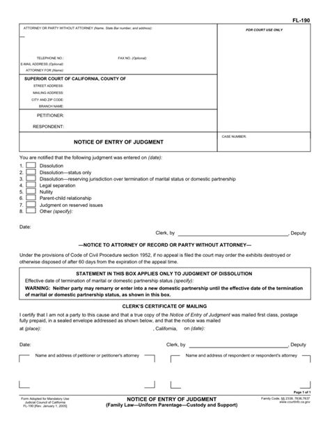 Fl 190 Notice Of Entry Of Judgment Fillable Judicial Council Form