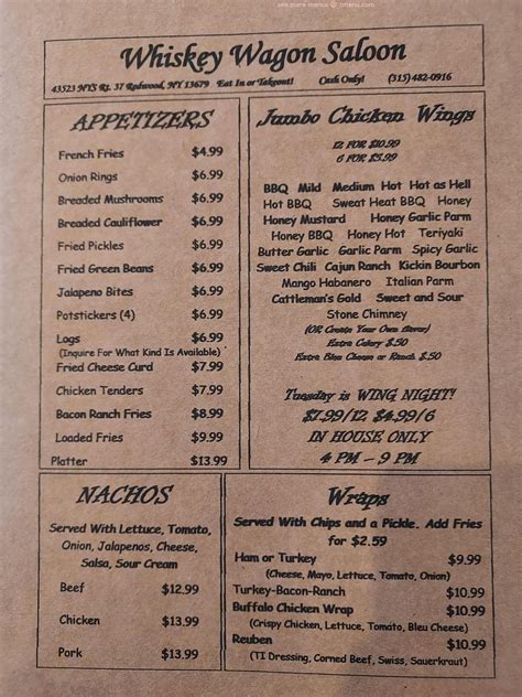 Online Menu Of Whiskey Wagon Saloon Restaurant Redwood New York