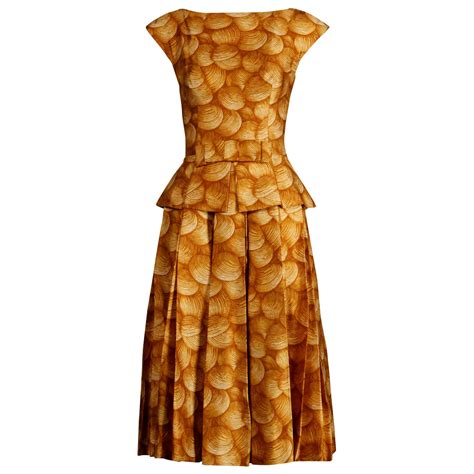 1950s Arnold Scaasi Vintage Yellow Gold Mustard Print Silk Cocktail