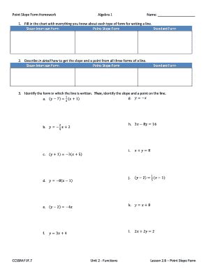 Fillable Online Hcusd Point Slope Form Homework Algebra Name Slope