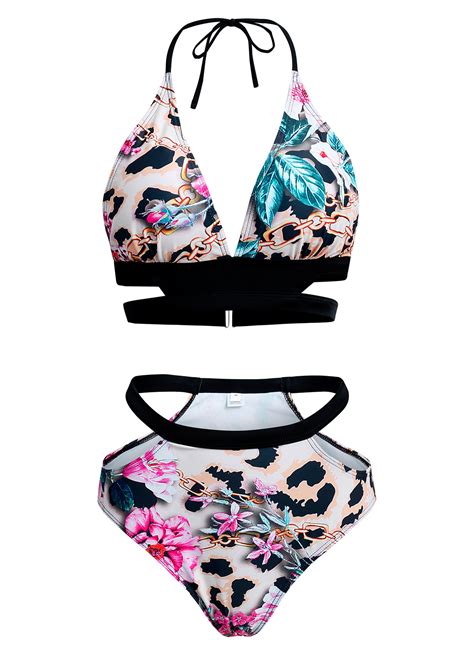 Floral Print Halter Leopard Bikini Set Modlily USD 9 98