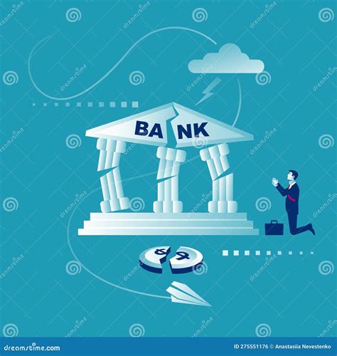 Banking Collapse Concept. Ruined Bank. Financial Crisis. Vector Flat