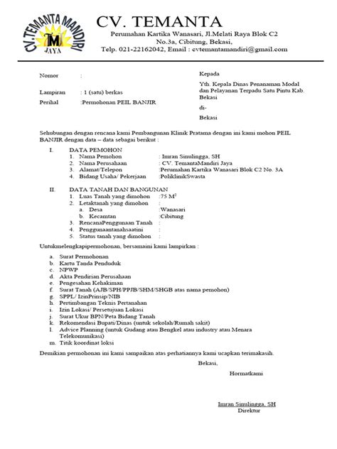 surat pembuatan peil banjir