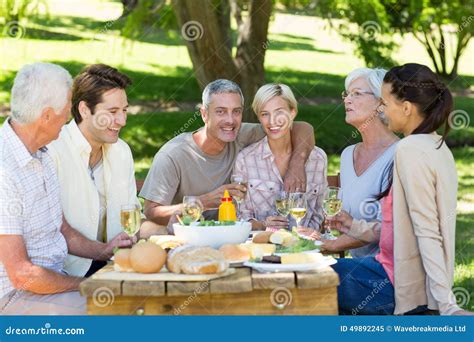 Familia Feliz Que Tiene Comida Campestre En El Parque Imagen De Archivo