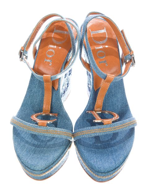 Christian Dior Denim Embroidered Wedge Sandals Shoes CHR47144 The