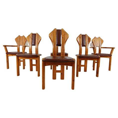 Mid Century Dining Room Chairs Pine Wood Cognac Leather Sweden 1970s Set 4 For Sale At 1stdibs