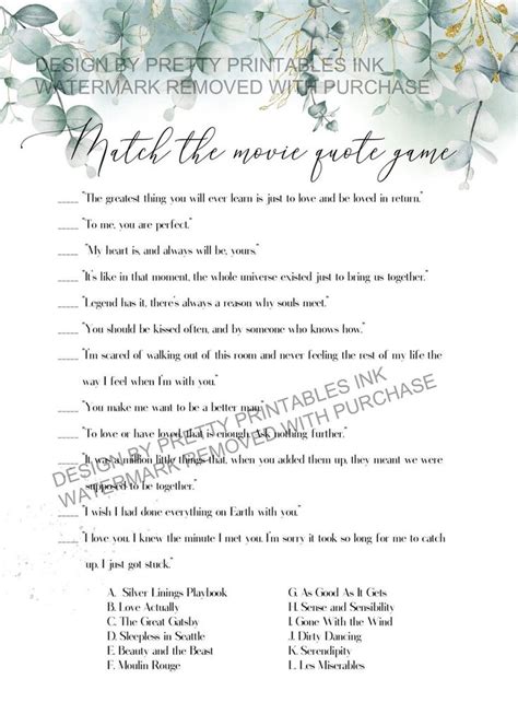 Printable Movie Love Quotes Game Bridal Shower Game Greenery Movie