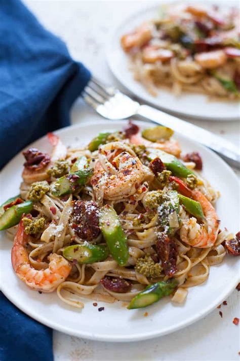 Easy Shrimp Pesto Pasta With Asparagus And Sun Dried Tomato The