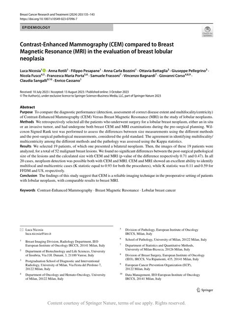 Contrast Enhanced Mammography Cem Compared To Breast Magnetic