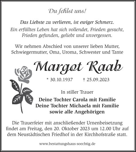 Traueranzeigen von Margot Raab Märkische Onlinezeitung Trauerportal