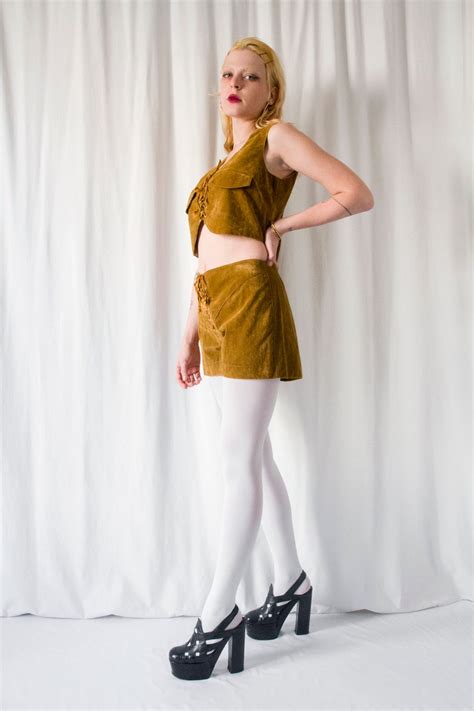 1970s Honey Brown Velvet Faux Suede Set Mini Shorts And Matching Lace Up Top Vintage 70s Two