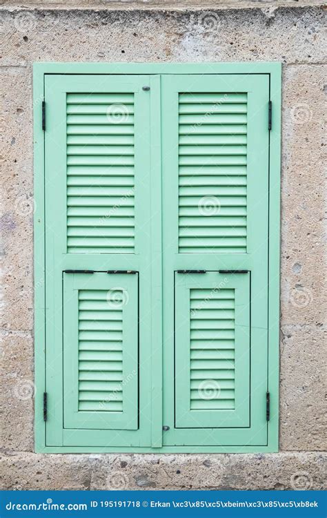 Turquoise Window Shutter On Stone Wall Stock Photo Image Of Building