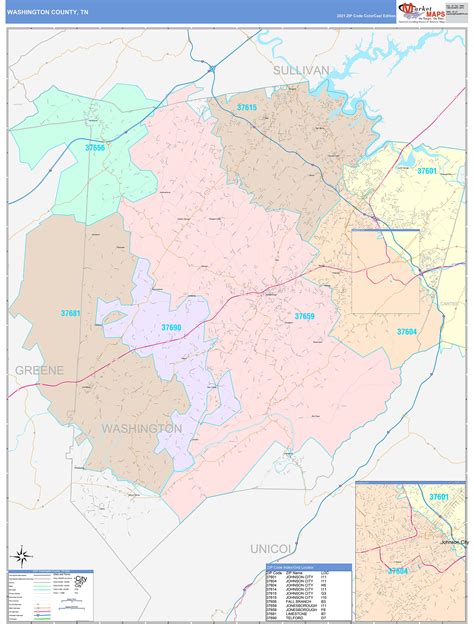 Washington County, TN Wall Map Color Cast Style by MarketMAPS