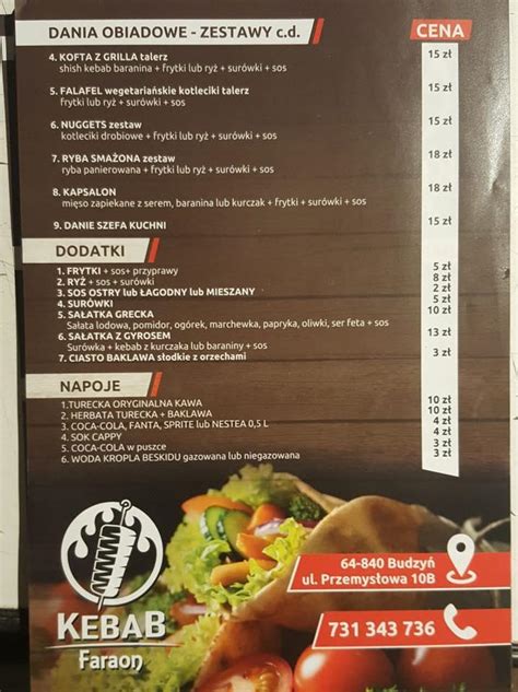 Carta del pub y bar Kebab Faraon Budzyń