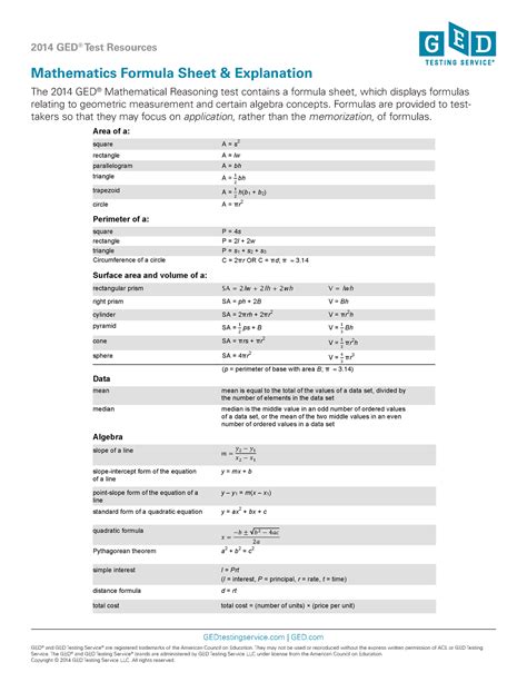 Math Formula Sheet Notes GEDtestingservice GED GED And GED