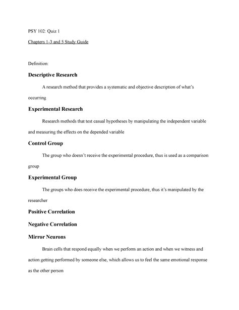 PSY 102 Study Guide 1 PSY 102 Quiz 1 Chapters 1 3 And 5 Study Guide