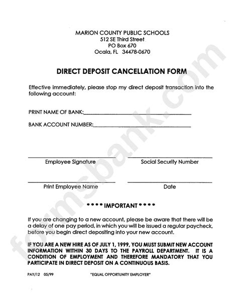 Direct Deposit Cancellation Form Printable Pdf Download