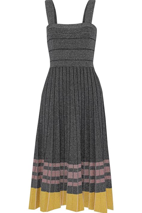 DEREK LAM 10 CROSBY Pleated Striped Metallic Stretch Knit Midi Dress