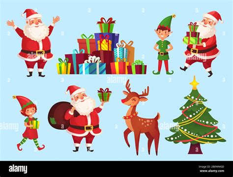 Cartoon christmas characters. Xmas tree with Santa Claus gifts, Santas ...