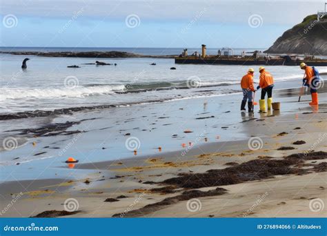 Oil Spill On Beach With Passersby And Cleanup Crew In The Background