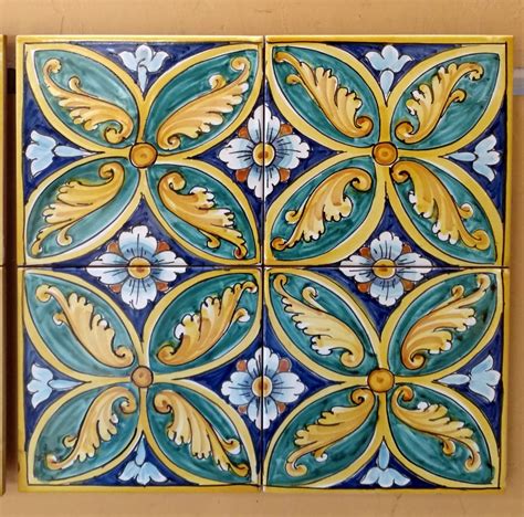 Geometric Floral Four Tile Ceramic Tabletop With Iron Base Italian