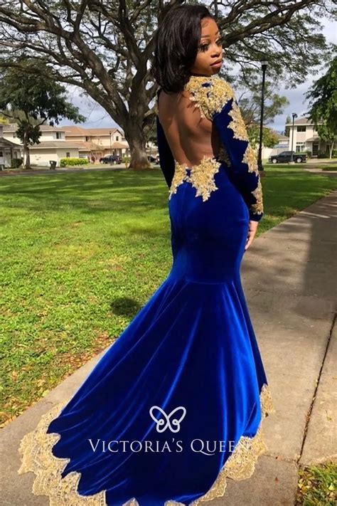 Gold Lace Royal Blue Velvet Open Back Prom Dress - VQ