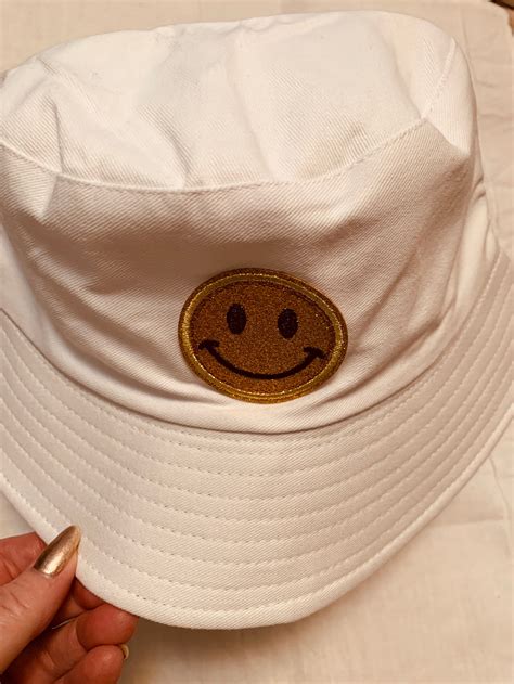 Bucket Hat White Cap Smiley Face Gold Patch Unisex Twill Fun Etsy