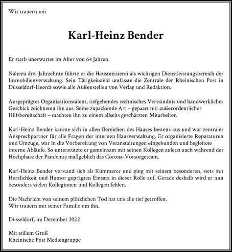 Alle Traueranzeigen für Karl Heinz Bender trauer rp online de