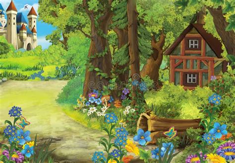 Cartoon Nature Scene With Old House In The Forest And Castle In He