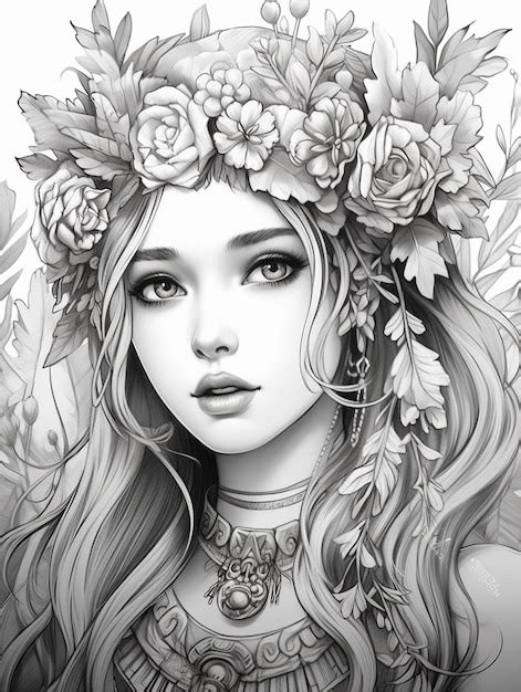 Un Dibujo En Blanco Y Negro De Una Mujer Con Flores En El Pelo Foto