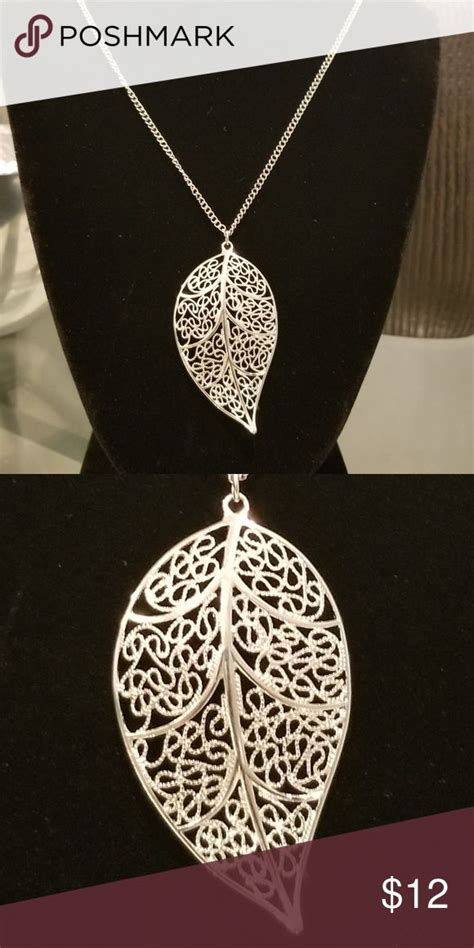 Silver Tone Filligree Leaf Long Necklace Long Necklace Necklace