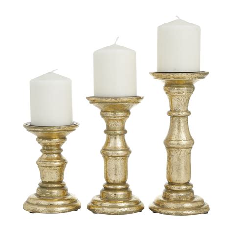 Decmode Candle Gold Mango Wood Turned Style Pillar Candle Holder Set