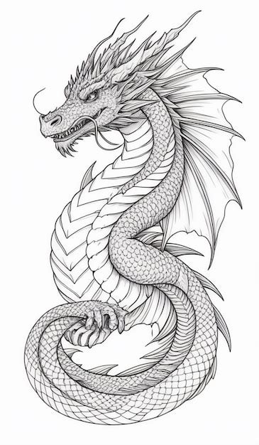 Premium Photo | Detailed drawing of a curled up dragon with wings and ...