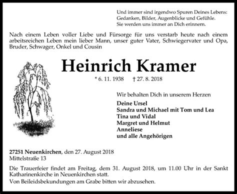 Traueranzeigen Von Heinrich Kramer Trauer Kreiszeitung De