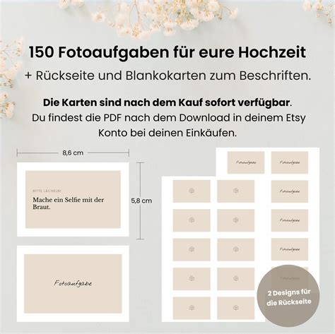 150 Fotoaufgaben zur Hochzeit mit Rückseite Blankokarten als PDF zum